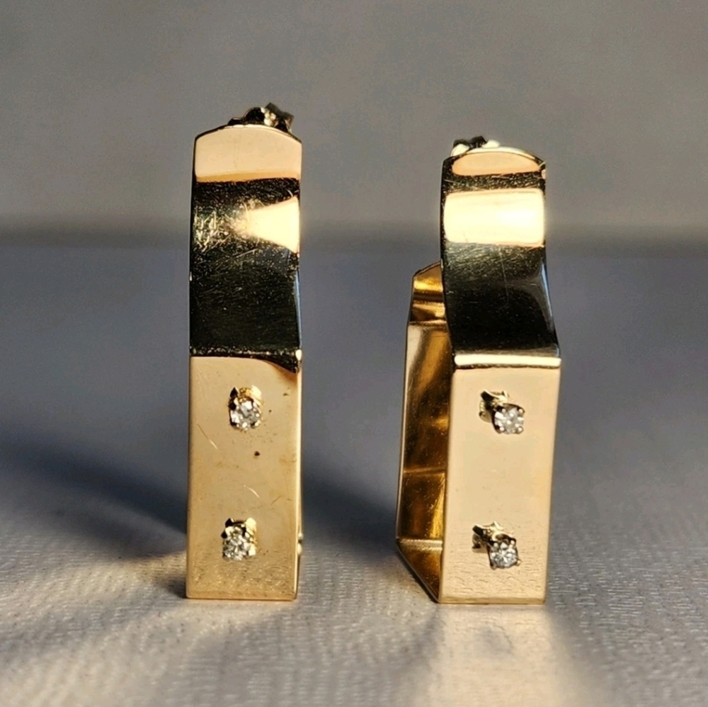 Very VTG Italian 80s 14K Gold Modernist Geometric Hoop & Diamond Earrings 3.30g - Picture 3 of 16